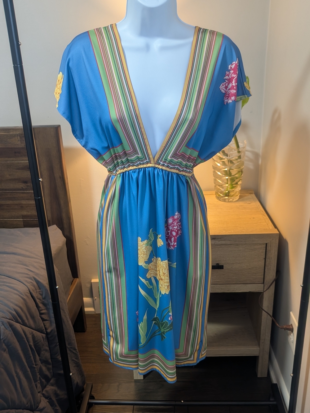 Gadzooks Blue Floral Trim Dress with Multicolor Stripes